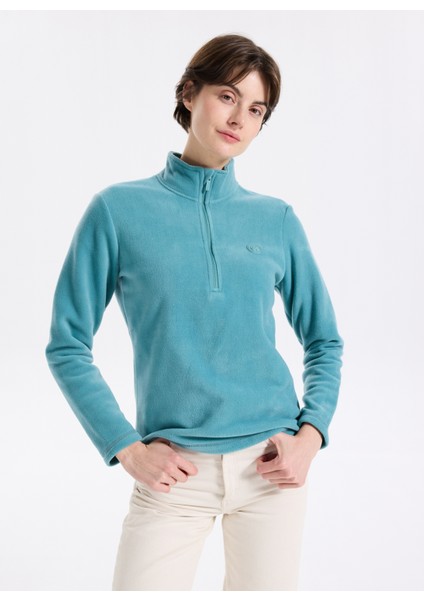 D5WL-SWT3302 Mint Fermuarlı Yaka Basic Düz Kadın Polar Sweatshırt