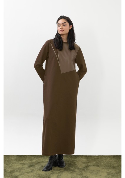 Kadın Fermuar ve Deri Detaylı Asimetrik Elbise -12656ELB