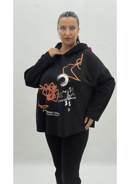 Büyük Beden Kapüşonlu Taşlı Uzun Kol Oversize Kadın Sweatshirt fiyatları