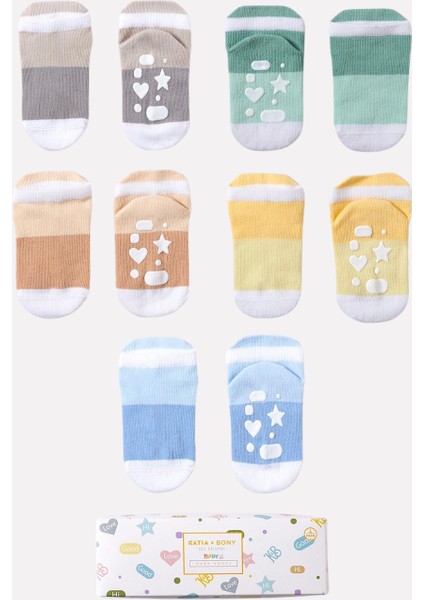 Bebek Şerit Desenli Tabanı Kalp Detaylı 5'li Paket Kutulu Patik Çorap modelleri