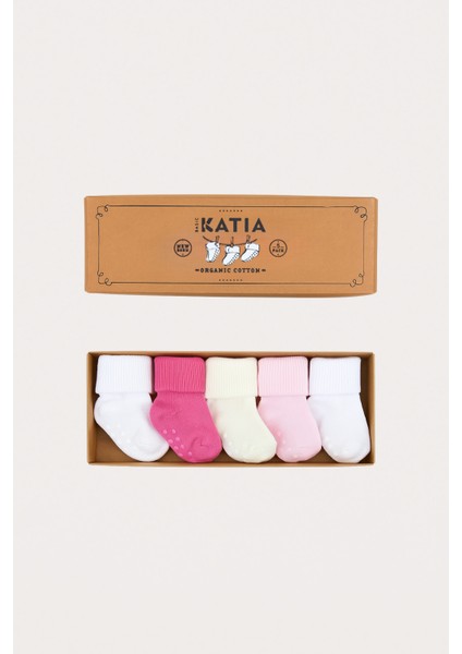 Yenideoğan 5'li Organik Bebek Soket Çorap Pembe-Beyaz