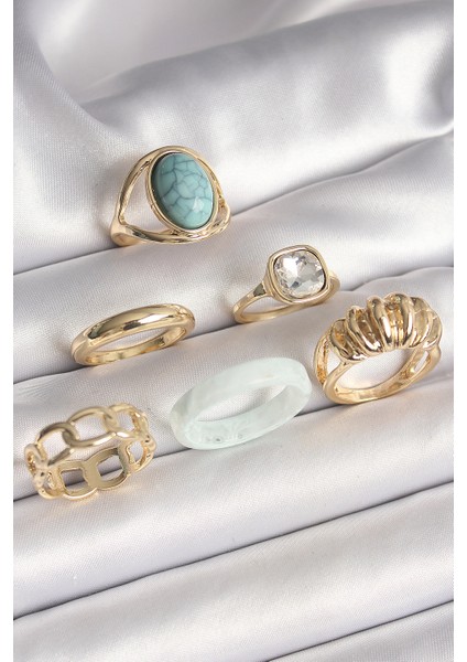 Pirinç Gold Renk Kare Zirkon Taşlı Sarmal Model Mavi Taş Detay 6'lı Kadın Yüzük Seti - Lisinya