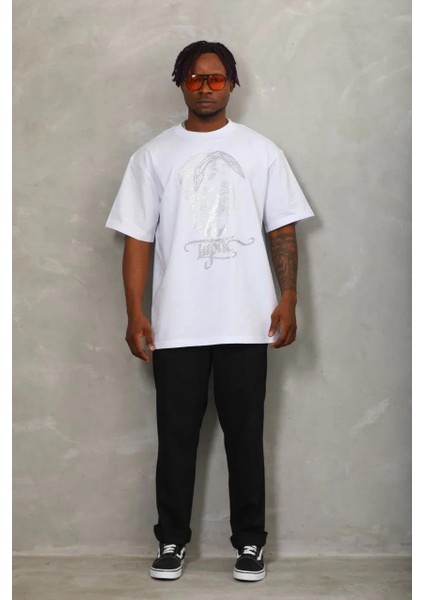 Unisex Oversize Taşlı Bisiklet Yaka T-Shirt - Beyaz indirimleri