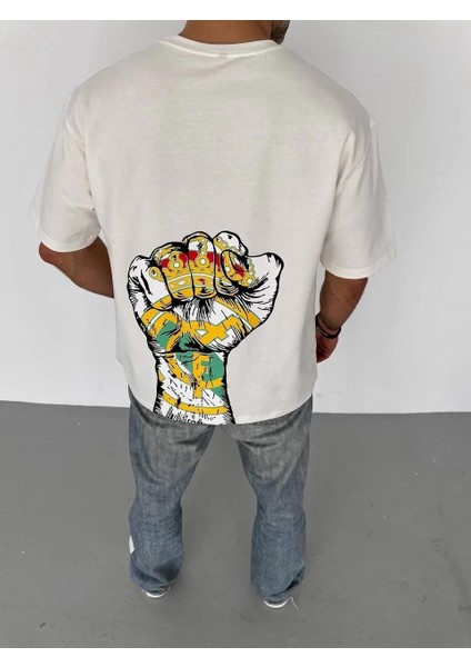 Unisex Bisiklet Yaka Baskılı Oversize T-Shirt - Beyaz fiyatları