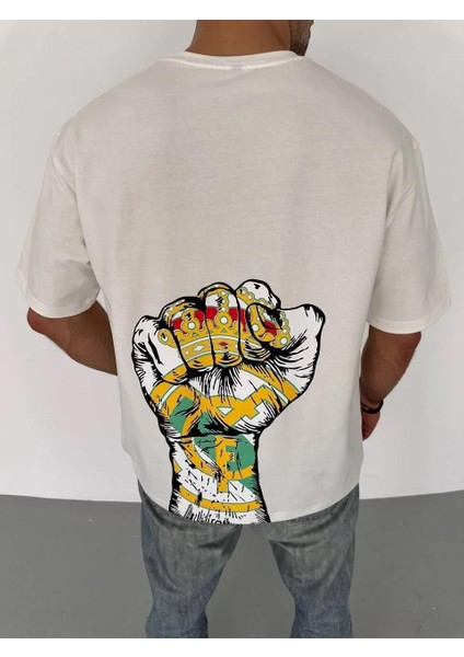 Unisex Bisiklet Yaka Baskılı Oversize T-Shirt - Beyaz modelleri