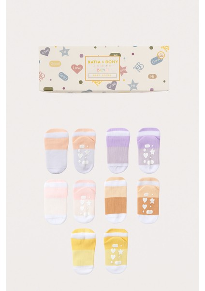 Bebek Şerit Desenli Tabanı Kalp Baskılı 5'li Kutulu Soket Çorap fırsatları