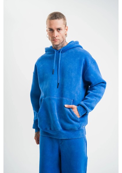 Unisex Double Oversize Kapşonlu Yıkamalı Sweatshirt - Mavi