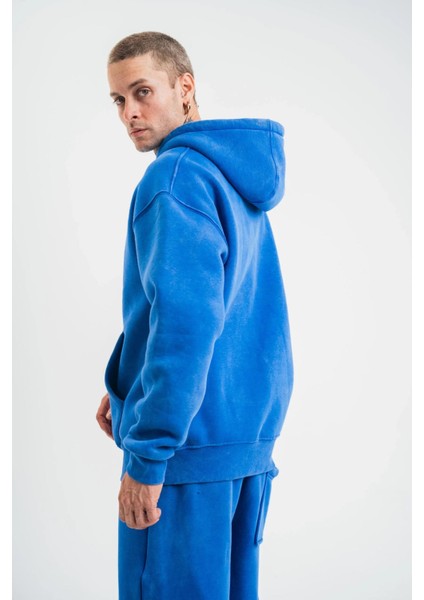 Unisex Double Oversize Kapşonlu Yıkamalı Sweatshirt - Mavi modelleri