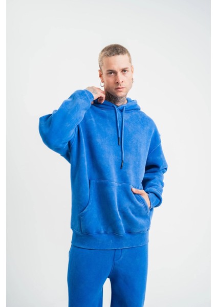 Unisex Double Oversize Kapşonlu Yıkamalı Sweatshirt - Mavi fırsatları