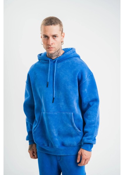 Unisex Double Oversize Kapşonlu Yıkamalı Sweatshirt - Mavi
