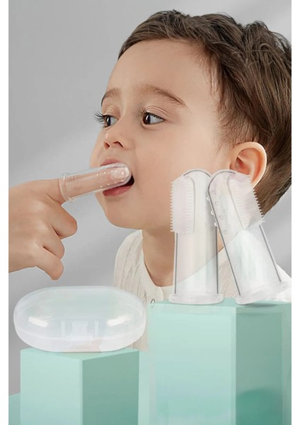 Slikon Parmak Bebek Diş Kaşıyıcı ve Şeffaf Renk Yumuşak Fırça Kutulu Erkek ve Kız Çocuk