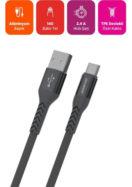 PBS419 Type-C Şarj Kablosu 1.2m 2.4A Hızlı Şarj & Veri Aktarım Ultra Dayanıklı Gri fiyatları
