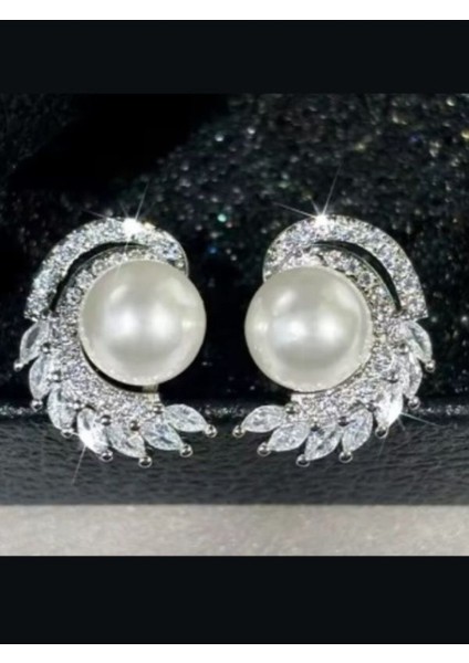 925 Ayar Gümüş Inci ve Zirkon Taşlarla Süslü Kanat Küpe