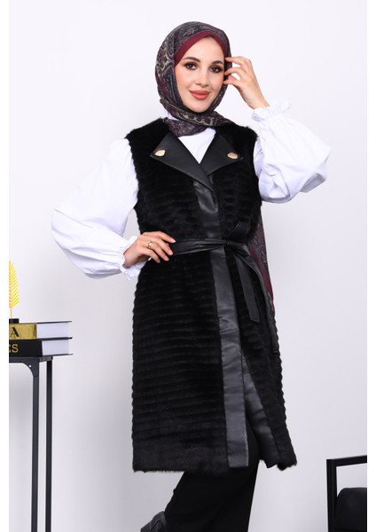 Siyah Deri Detaylı Kemerli Yelek