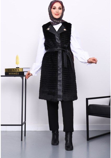 Siyah Deri Detaylı Kemerli Yelek fiyatları