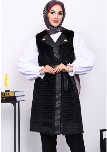 Siyah Deri Detaylı Kemerli Yelek modelleri
