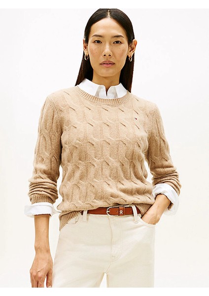 Yumuşak Yün Saç Örgülü Bisiklet Yaka Uzun Kollu Kadın Bej Kazak WW0WW43586ADM