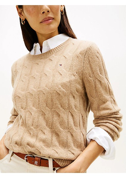 Yumuşak Yün Saç Örgülü Bisiklet Yaka Uzun Kollu Kadın Bej Kazak WW0WW43586ADM fırsatları