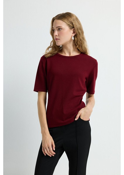 Yuvarlak Yaka Triko Bluz Bordo 11545822000 fırsatları