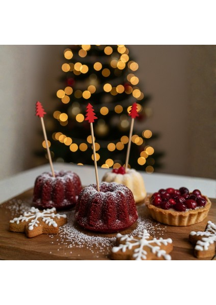 12 Adet Kırmızı Çam Ağacı Ahşap Kürdan Seti - Yılbaşı Kokteyl, Meze ve Cupcake Süsü