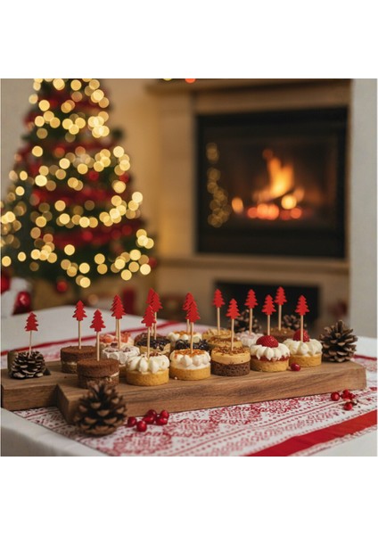 12 Adet Kırmızı Çam Ağacı Ahşap Kürdan Seti - Yılbaşı Kokteyl, Meze ve Cupcake Süsü fiyatları