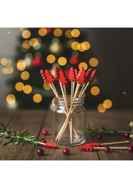 12 Adet Kırmızı Çam Ağacı Ahşap Kürdan Seti - Yılbaşı Kokteyl, Meze ve Cupcake Süsü modelleri