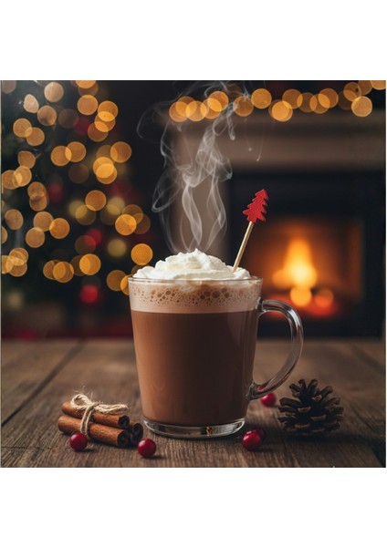 12 Adet Kırmızı Çam Ağacı Ahşap Kürdan Seti - Yılbaşı Kokteyl, Meze ve Cupcake Süsü