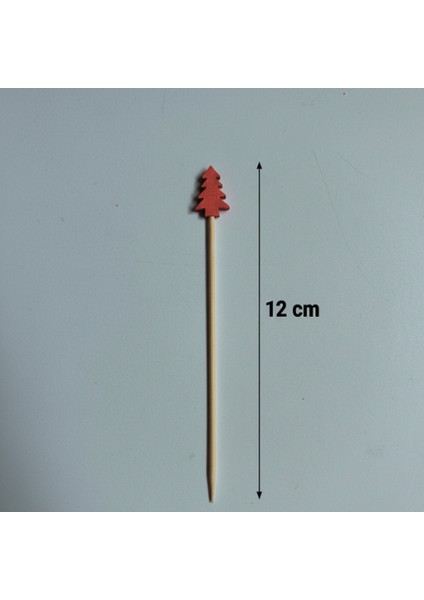 12 Adet Kırmızı Çam Ağacı Ahşap Kürdan Seti - Yılbaşı Kokteyl, Meze ve Cupcake Süsü