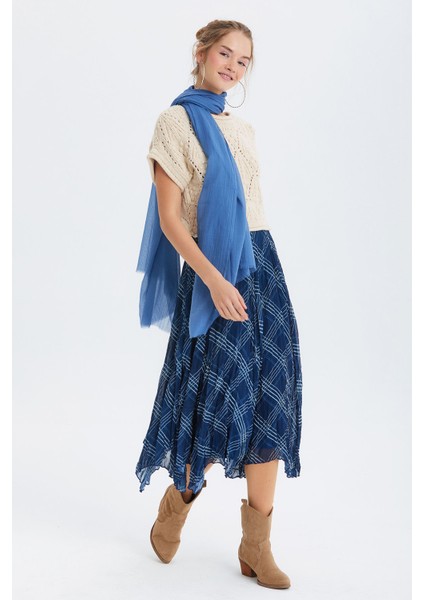 Desenli Şifon Midi Bohem Etek Lacivert