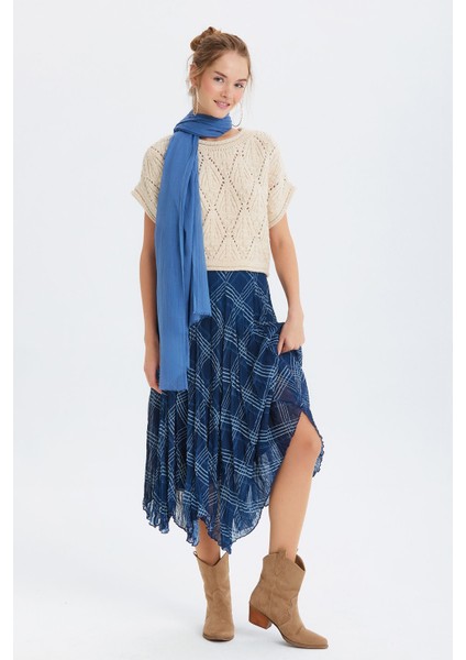 Desenli Şifon Midi Bohem Etek Lacivert fırsatları