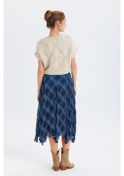 Desenli Şifon Midi Bohem Etek Lacivert indirimleri