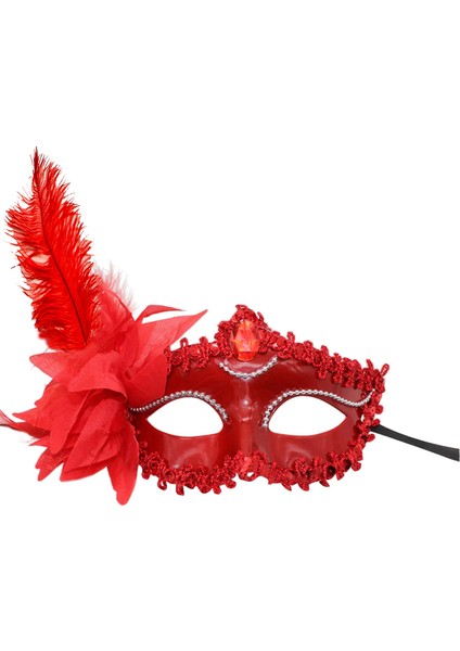 Kırmızı Mat Renk Yandan Tüylü Güllü Parti Balo Venedik Maskesi 16X22 (5332)
