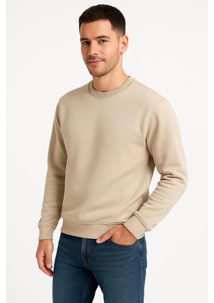 Erkek Üç Iplik Düz Bisiklet Yaka Sweatshirt - Bej