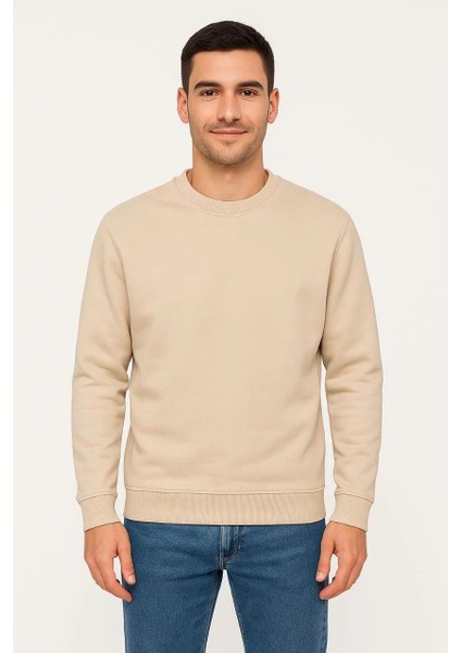 Erkek Üç Iplik Düz Bisiklet Yaka Sweatshirt - Bej fırsatları