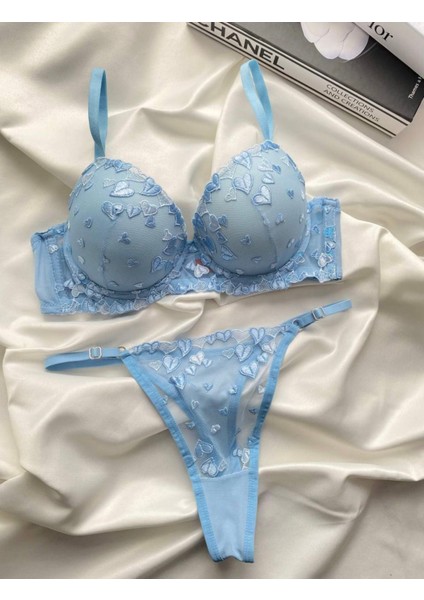 Çeyiz Mavi Kalp Desenli Dolgulu Sütyen Takımı