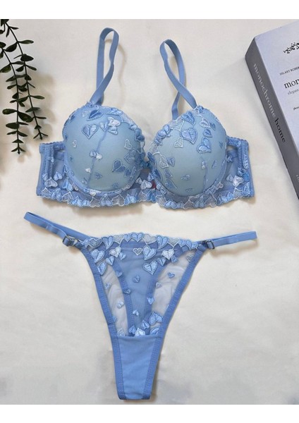 Çeyiz Mavi Kalp Desenli Dolgulu Sütyen Takımı fiyatları