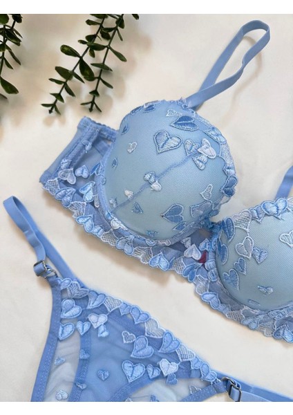 Çeyiz Mavi Kalp Desenli Dolgulu Sütyen Takımı modelleri