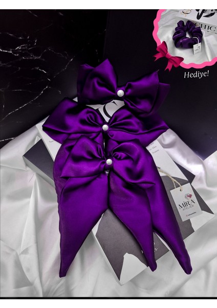 Kadın 3’lü Fiyonk Saç Tokası Seti + Scrunchie Hediyeli - Mor Tutku