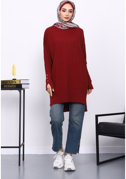 Bordo Önü Kısa Arkası Uzun Triko Tunik