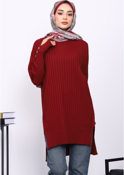 Bordo Önü Kısa Arkası Uzun Triko Tunik modelleri