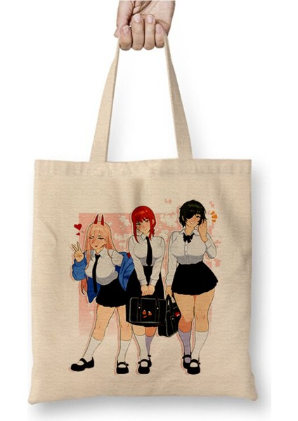 Chainsaw Man Karakterler Beyaz Bez Çanta Uzun Saplı Alışveriş Çantası Plaj Çantası