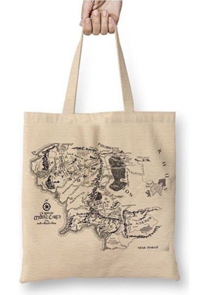 Yüzüklerin Efendisi Lord Of The Rings Orta Dünya Haritası Bez Çanta Uzun Saplı Alışveriş Çantası