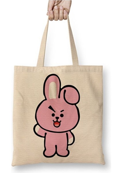 Bts BT21 Cooky Beyaz Bez Çanta Uzun Saplı Alışveriş Çantası Plaj Çantası