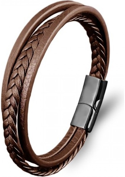 Kahverengi Deri Erkek Bileklik – Titanyum Çelik Manyetik Kilitli 9593B14D4