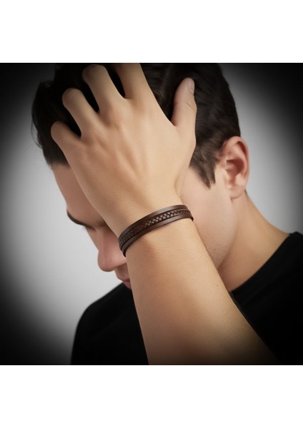 Kahverengi Deri Erkek Bileklik – Titanyum Çelik Manyetik Kilitli 9593B14D4 fiyatları