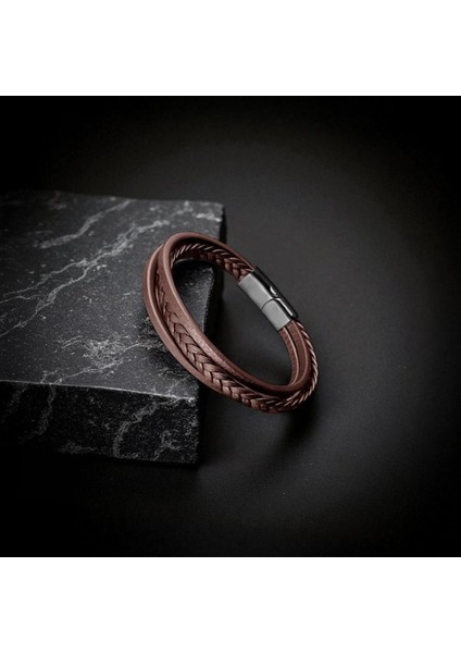 Kahverengi Deri Erkek Bileklik – Titanyum Çelik Manyetik Kilitli 9593B14D4 modelleri