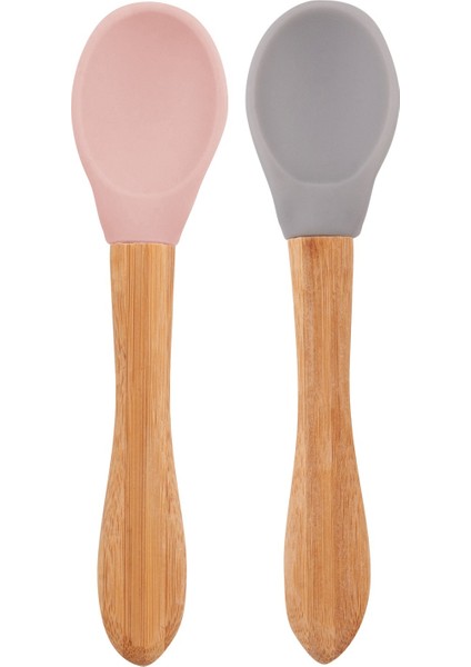 Bambu Saplı Silikon Mama Kaşığı 2li Pinky Pink Powder Grey