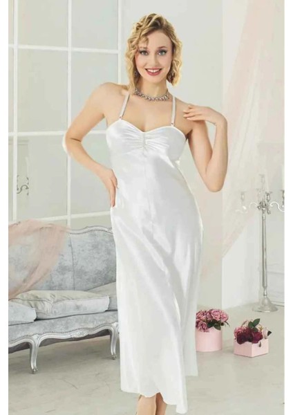 Özel Seri Kadın Seksi Rahat Şık Fantezi Uzun Ekru Saten Gecelik