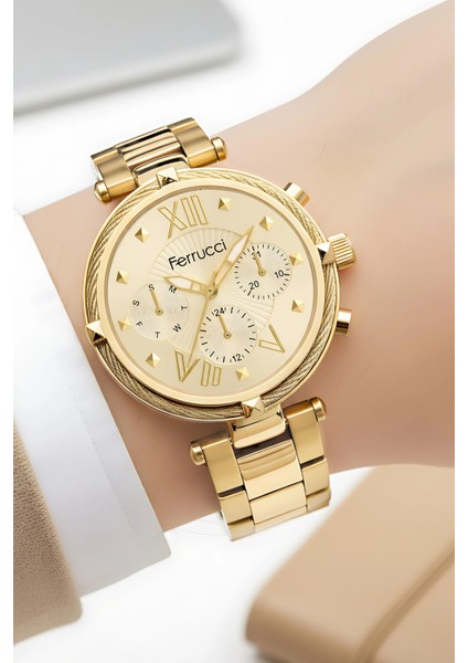 Kadın Kol Saati Çelik Kordon Çelik Kasa Taşlı Bileklik Hediyesi ile Gold ZMFER045