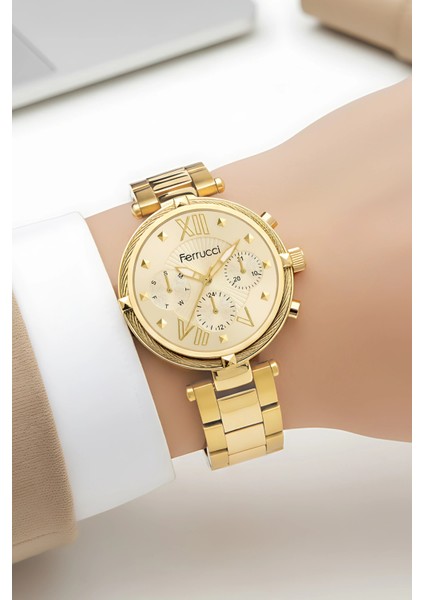 Kadın Kol Saati Çelik Kordon Çelik Kasa Taşlı Bileklik Hediyesi ile Gold ZMFER045